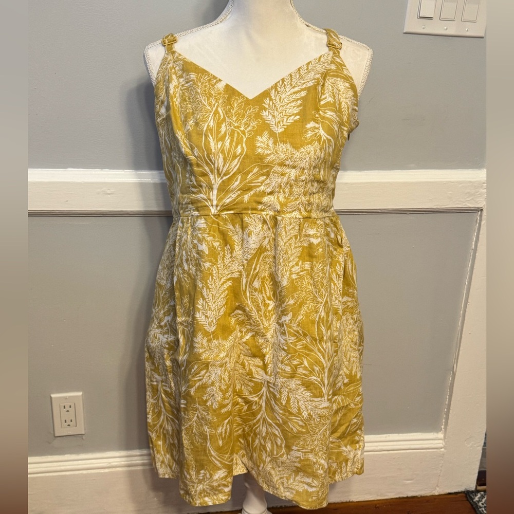 Tahari Midi Tropical Print Yellow Smocked Cotton Linen Casual Sundress - Picture 2 of 7
